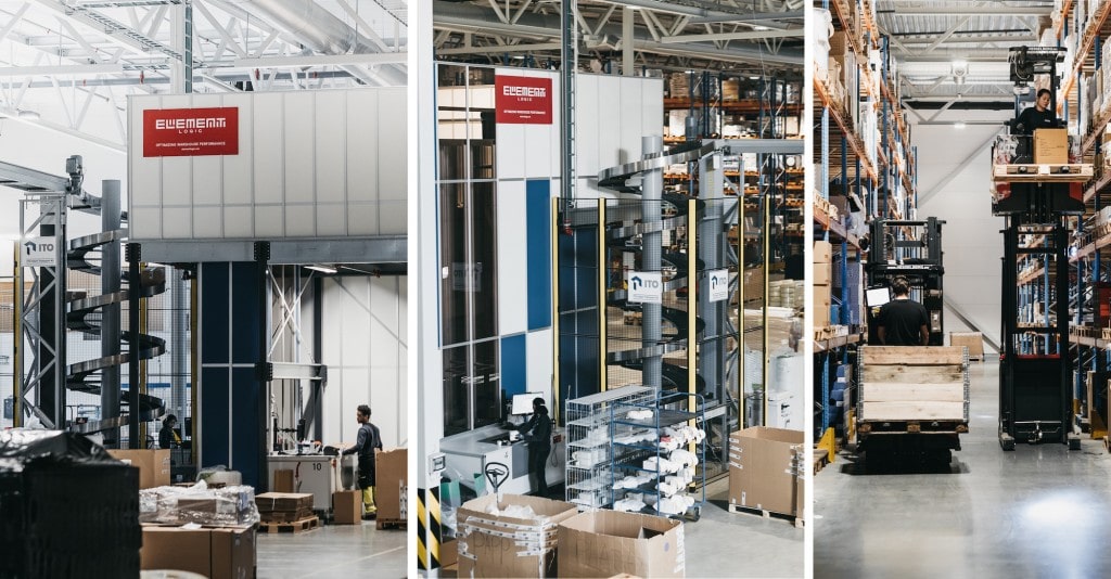 Three images inside warehouse with AutoStore ports and conveyer system